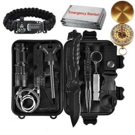 Emergency Survival Kit, Outdoor Survival Gear Tool with Survival Bracelet, Folding Knife, Compass, Emergency Blanket, Fire Starter, Whistle