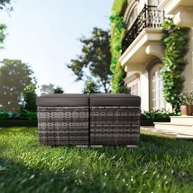 2 Wicker Ottomans, Multipurpose Outdoor Furniture For Patio, Backyard, Additional Seating, Footrest, Side Table With Storage, Removable Cushions (Color: GREY)